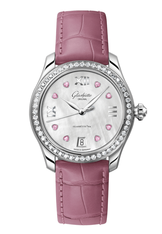 Glashuette Original Lady Serenade 36 mm Mother-Of-Pearl White Dial Stainless Steel Louisiana Alligator Leather Strap 1-39-22-21-22-44