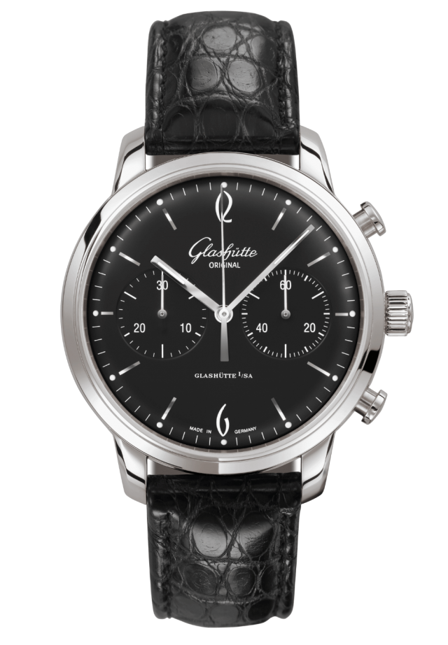 Glashuette Original Sixties Chronograph 42 mm Black Dial Stainless Steel Louisiana Alligator, Black 1-39-34-02-22-04