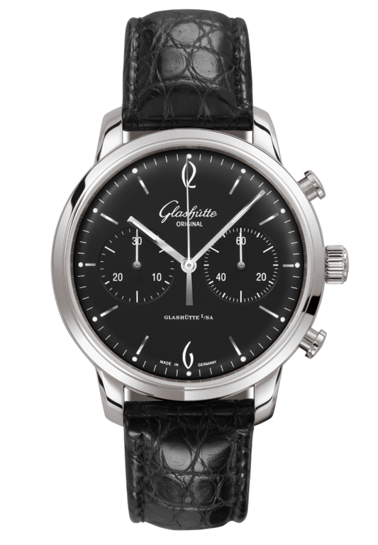 Glashuette Original Sixties Chronograph 42 mm Black Dial Stainless Steel Louisiana Alligator, Black 1-39-34-02-22-04