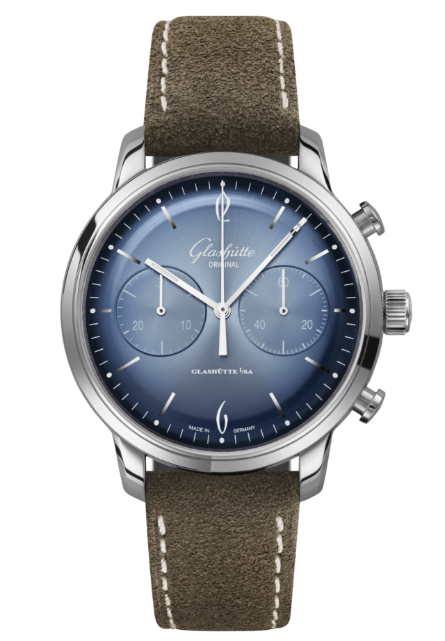 Glashuette Original Sixties Chronograph Annual Edition 42 mm Blue Dial Stainless Steel Calfskin Strap, Brown 1-39-34-04-22-04