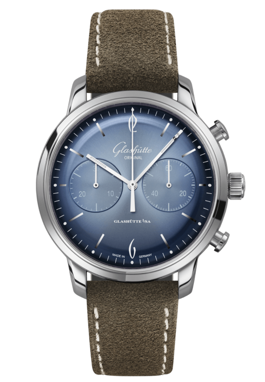 Glashuette Original Sixties Chronograph Annual Edition 42 mm Blue Dial Stainless Steel Calfskin Strap, Brown 1-39-34-04-22-04