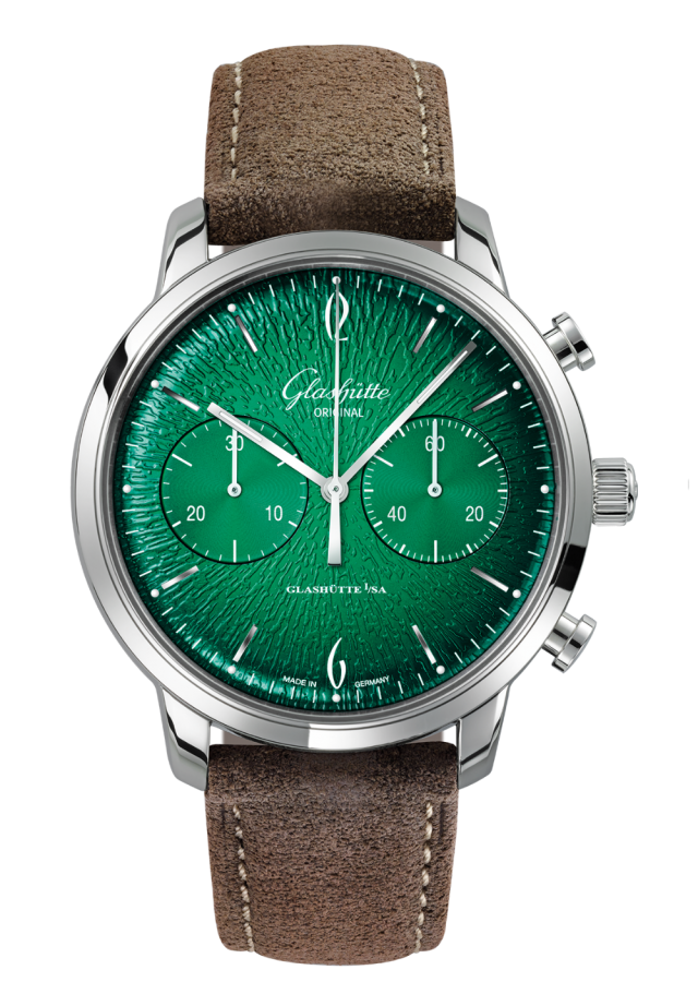 Glashuette Original Sixties Chronograph Annual Edition 42 mm Green Dial Stainless Steel Calfskin Strap, Brown 1-39-34-05-22-04