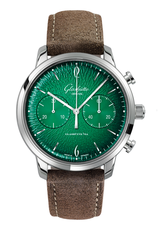 Glashuette Original Sixties Chronograph Annual Edition 42 mm Green Dial Stainless Steel Calfskin Strap, Brown 1-39-34-05-22-04