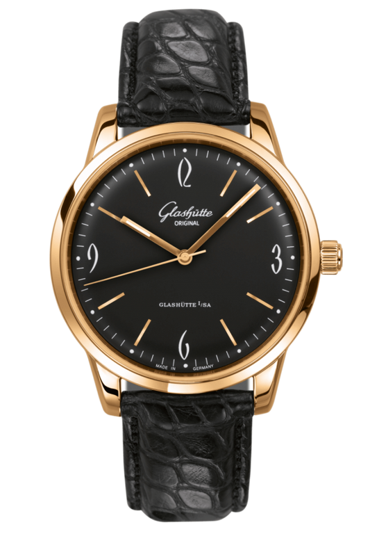 Glashuette Original Sixties 39 mm Black Dial Rose Gold Louisiana Alligator, Black 1-39-52-02-01-04