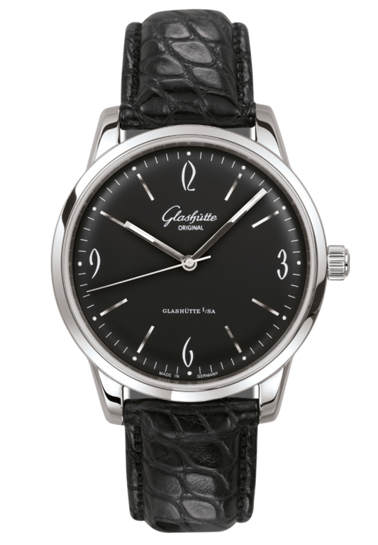 Glashuette Original Sixties 39 mm Black Dial Stainless Steel Louisiana Alligator, Black 1-39-52-04-02-04