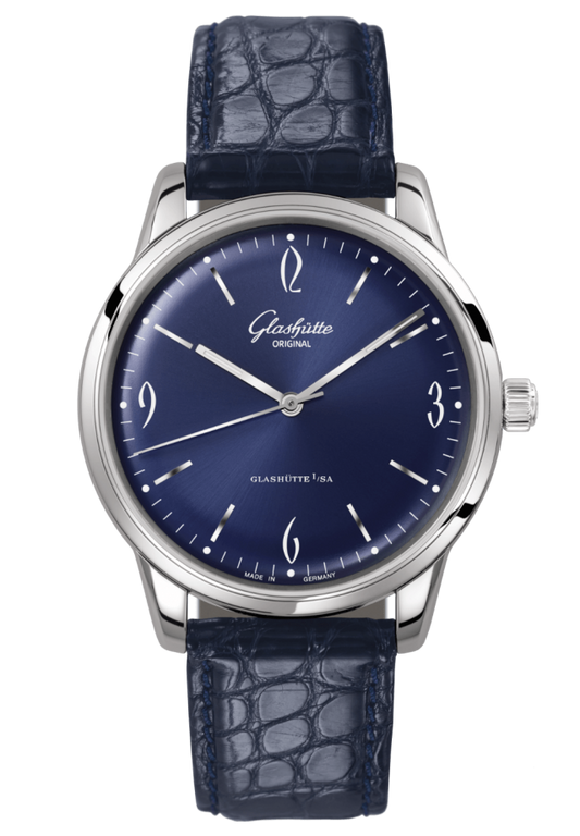 Glashuette Original Sixties 39 mm Blue Dial Stainless Steel Louisiana Alligator Strap, Blue 1-39-52-06-02-04