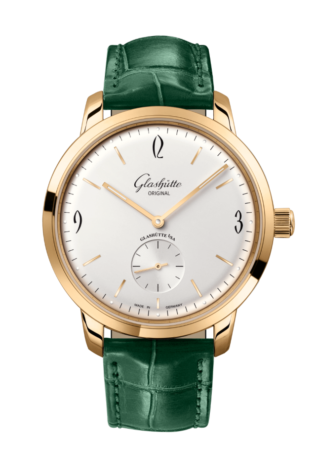 Glashuette Original Sixties Small Second 42 mm Silver Dial Rose Gold Louisiana Alligator Leather Strap, Green 1-39-60-01-01-04