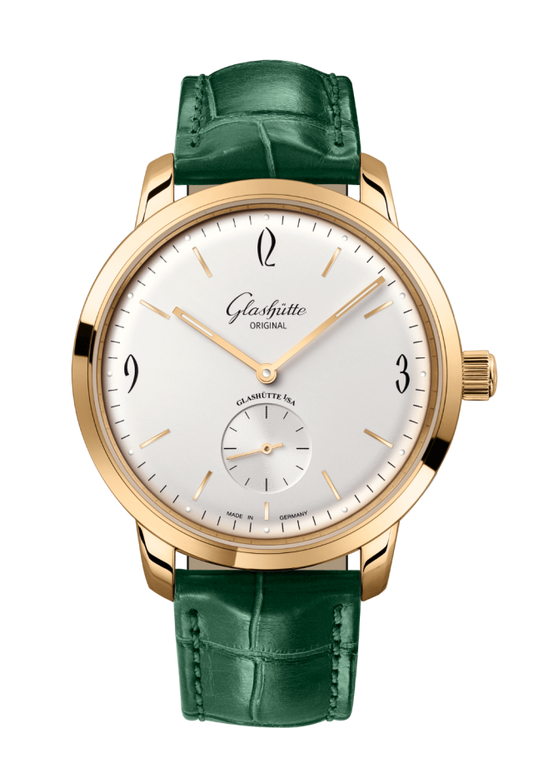 Glashuette Original Sixties Small Second 42 mm Silver Dial Rose Gold Louisiana Alligator Leather Strap, Green 1-39-60-01-01-04