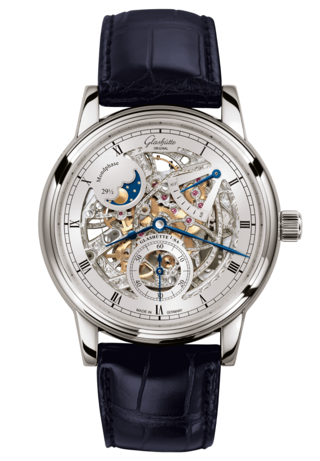 Glashuette Original Senator Moon Phase Skeletonised Edition 42 mm Silver Dial White Gold Louisiana Alligator Leather Strap, Blue 1-49-13-15-04-30