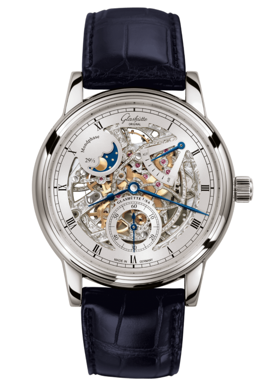 Glashuette Original Senator Moon Phase Skeletonised Edition 42 mm Silver Dial White Gold Louisiana Alligator Leather Strap, Blue 1-49-13-15-04-30