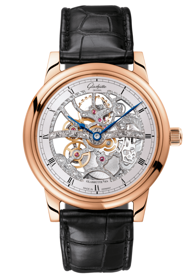 Glashuette Original Senator Manual Winding Skeletonised Edition 42 mm Silver Galvanized Dial Red Gold Louisiana Alligator Leather Strap, Black 1-49-18-01-05-30