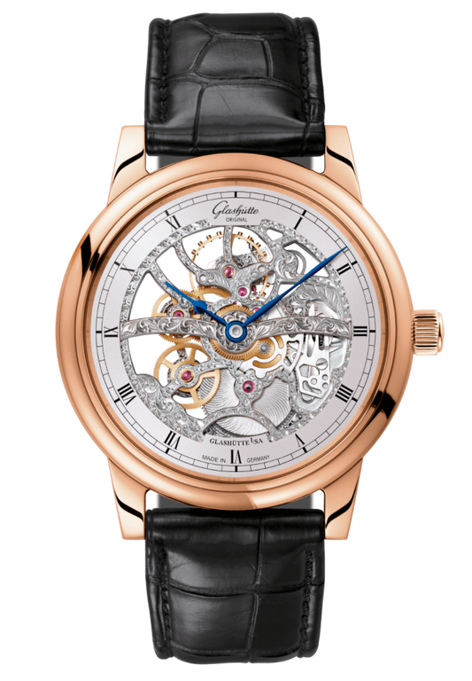 Glashuette Original Senator Manual Winding Skeletonised Edition 42 mm Silver Galvanized Dial Red Gold Louisiana Alligator Leather Strap, Black 1-49-18-01-05-30