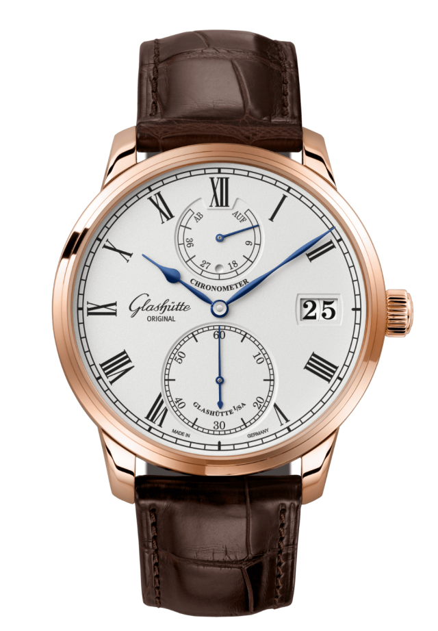 Glashuette Original Senator Chronometer 42 mm Silver Dial Red Gold Louisiana Alligator Leather Strap, Brown 1-58-01-02-05-30