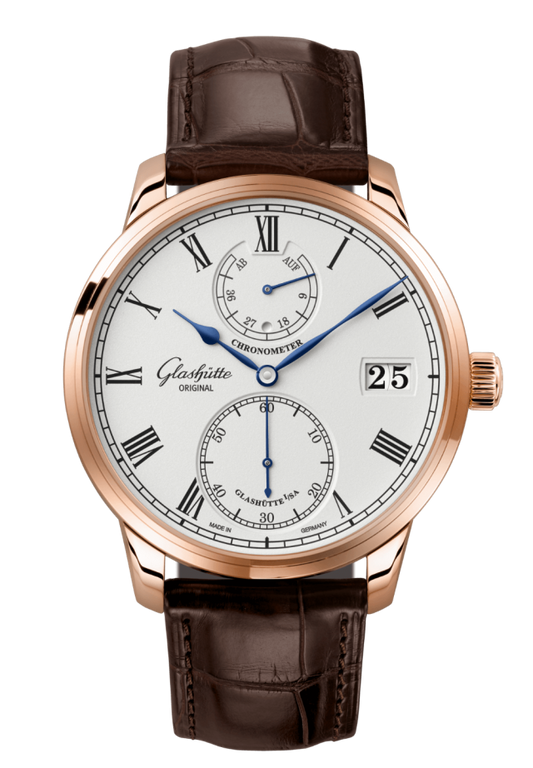 Glashuette Original Senator Chronometer 42 mm Silver Dial Red Gold Louisiana Alligator Leather Strap, Brown 1-58-01-02-05-30