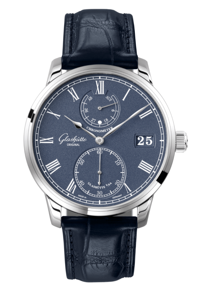 Glashuette Original Senator Chronometer 42 mm Blue Dial White Gold Louisiana Alligator Leather Strap, Blue 1-58-01-05-34-30