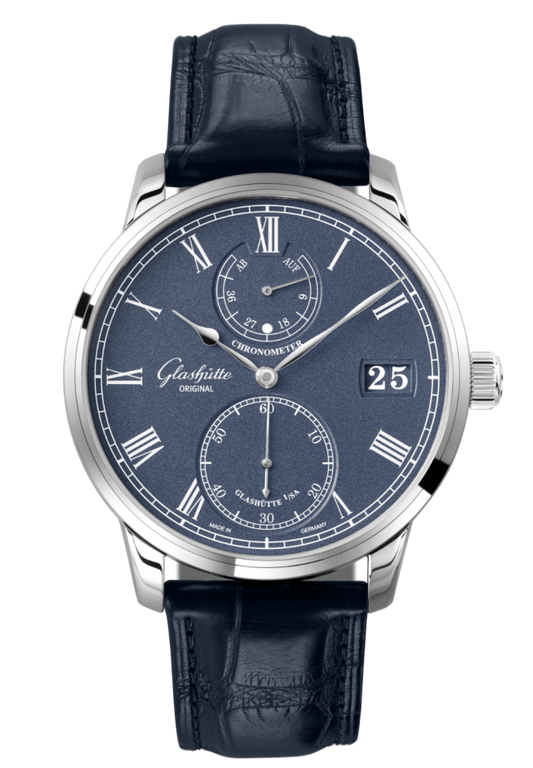 Glashuette Original Senator Chronometer 42 mm Blue Dial White Gold Louisiana Alligator Leather Strap, Blue 1-58-01-05-34-30