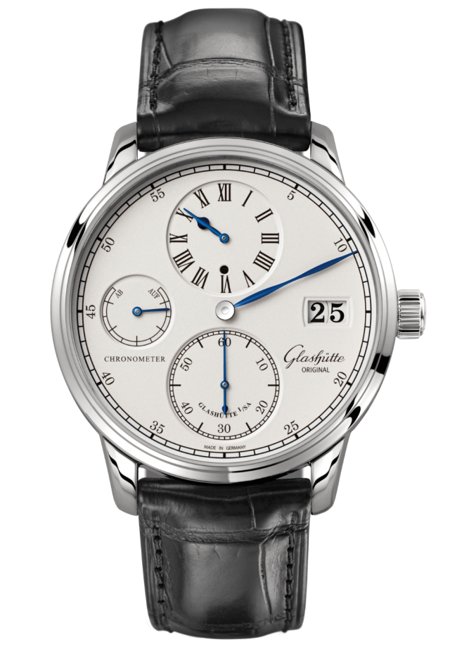 Glashuette Original Senator Chronometer Regulator 42 mm Silver Dial White Gold Louisiana Alligator Leather Strap, Black 1-58-04-04-04-04