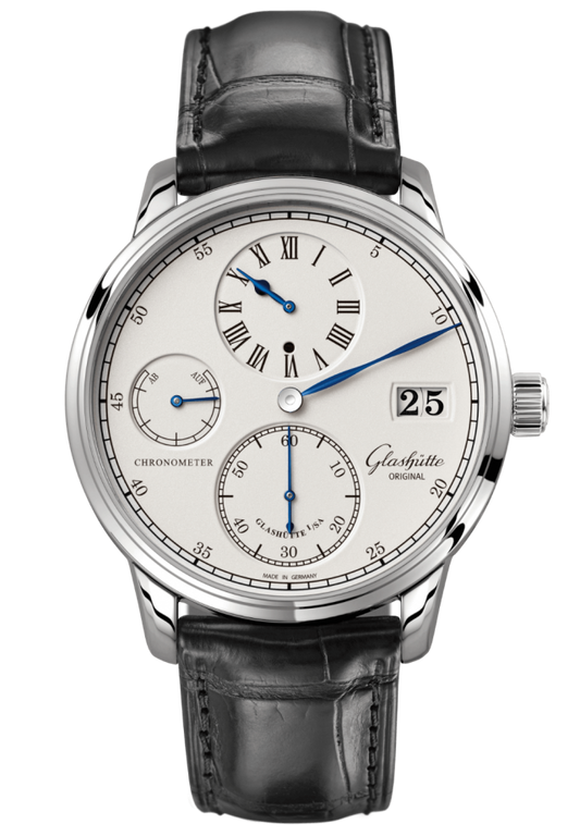 Glashuette Original Senator Chronometer Regulator 42 mm Silver Dial White Gold Louisiana Alligator Leather Strap, Black 1-58-04-04-04-04