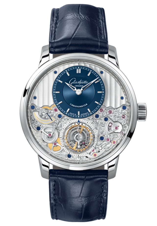 Glashuette Original Senator Chronometer Tourbillon 42 mm Galvanized Blue Dial Platinum Louisiana Alligator Leather Strap, Blue 1-58-05-01-03-30