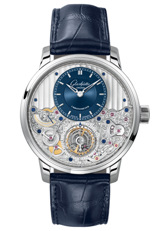 Glashuette Original Senator Chronometer Tourbillon 42 mm Galvanized Blue Dial Platinum Louisiana Alligator Leather Strap, Blue 1-58-05-01-03-30