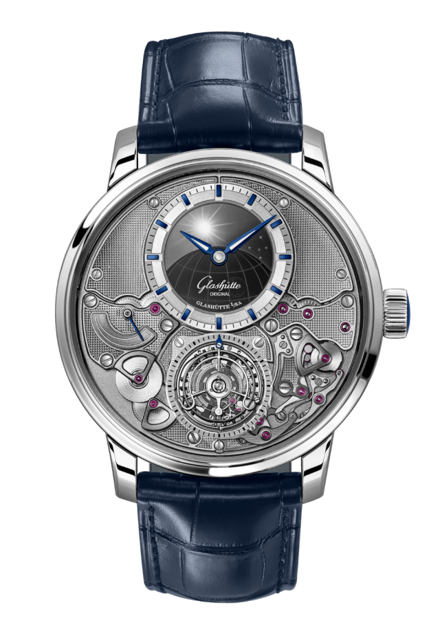 Glashuette Original Senator Chronometer Tourbillon 42 mm Silver Dial Platinum Louisiana Alligator Leather Strap, Blue 1-58-06-01-03-61