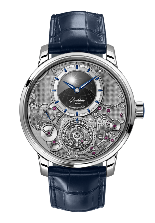 Glashuette Original Senator Chronometer Tourbillon 42 mm Silver Dial Platinum Louisiana Alligator Leather Strap, Blue 1-58-06-01-03-61