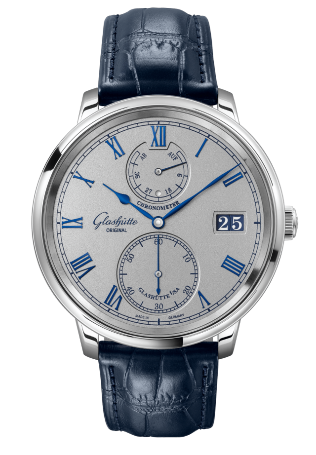 Glashuette Original Senator Chronometer 42 mm Silver Dial White Gold Louisiana Alligator Leather Strap, Blue 1-58-08-01-04-61