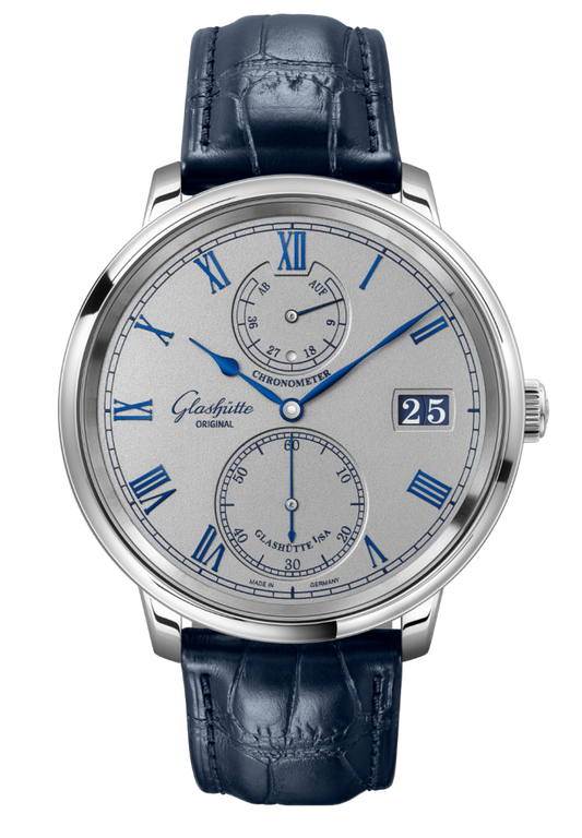 Glashuette Original Senator Chronometer 42 mm Silver Dial White Gold Louisiana Alligator Leather Strap, Blue 1-58-08-01-04-61