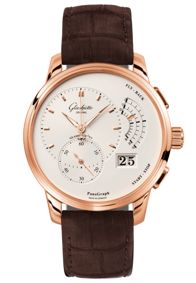 Glashuette Original Pano Graph 40 mm Silver  Dial Red Gold Louisiana Alligator Nubuk Leather Strap, Brown 1-61-03-25-15-05