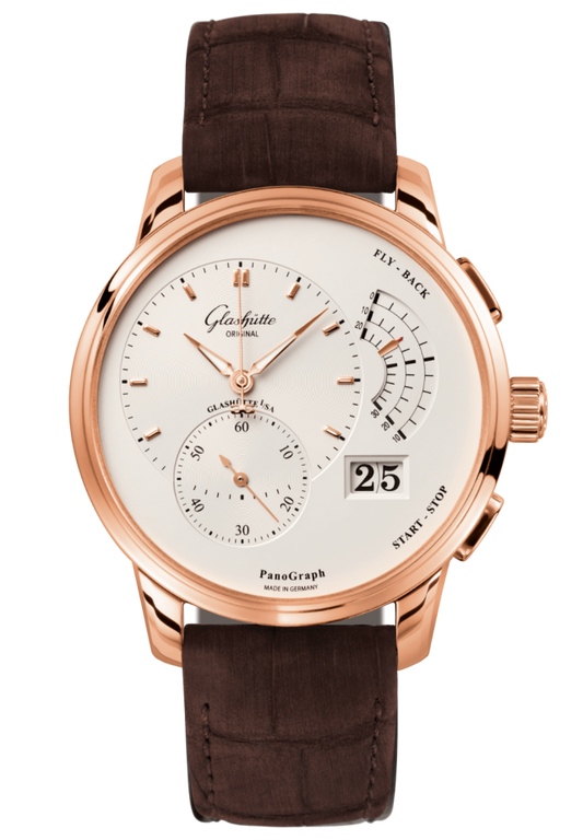 Glashuette Original Pano Graph 40 mm Silver  Dial Red Gold Louisiana Alligator Nubuk Leather Strap, Brown 1-61-03-25-15-05