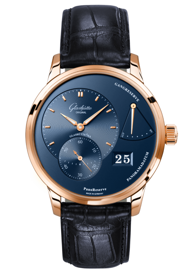 Glashuette Original PanoReserve 40 mm Radiant Blue Dial Red Gold Louisiana Alligator Nubuk Leather Strap 1-65-01-04-15-61