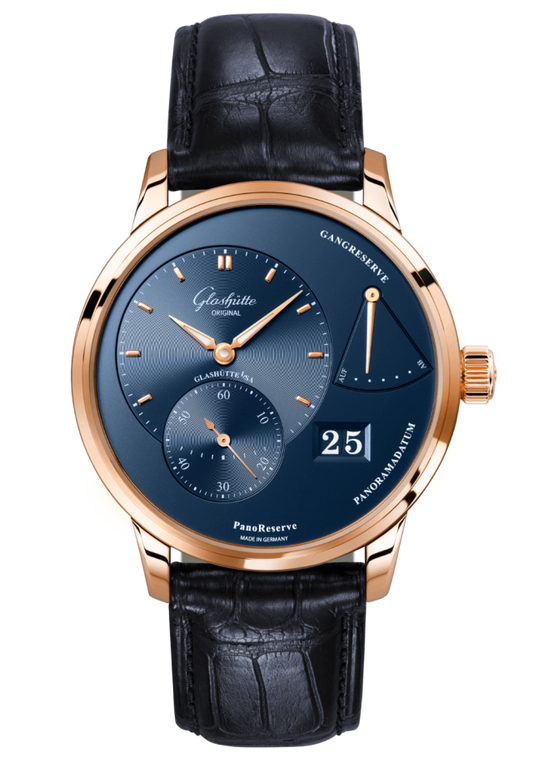 Glashuette Original PanoReserve 40 mm Radiant Blue Dial Red Gold Louisiana Alligator Nubuk Leather Strap 1-65-01-04-15-61