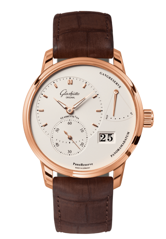 Glashuette Original PanoReserve 40 mm Silver Galvanized Dial Red Gold Louisiana Alligator Nubuk Leather Strap 1-65-01-25-15-62