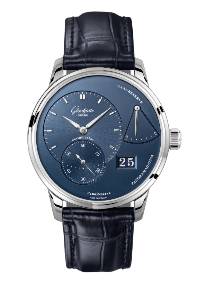 Glashuette Original PanoReserve 40 mm Radiant Blue Dial Stainless Steel Louisiana Alligator Nubuk Leather Strap 1-65-01-26-12-61