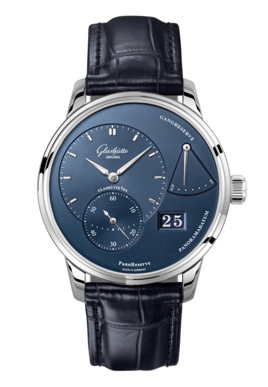 Glashuette Original PanoReserve 40 mm Radiant Blue Dial Stainless Steel Louisiana Alligator Nubuk Leather Strap 1-65-01-26-12-61