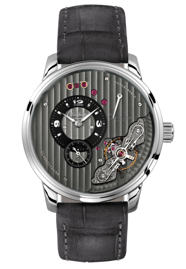 Glashuette Original Pano Inverse 42 mm Galvanized Black Dial Stainless Steel Louisiana Alligator Nubuk Leather Strap, Grey 1-66-06-04-22-62