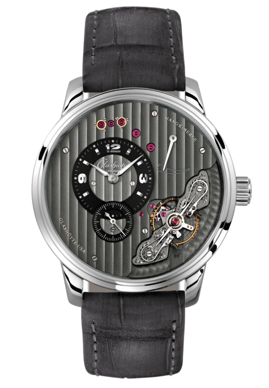 Glashuette Original Pano Inverse 42 mm Galvanized Black Dial Stainless Steel Louisiana Alligator Nubuk Leather Strap, Grey 1-66-06-04-22-62