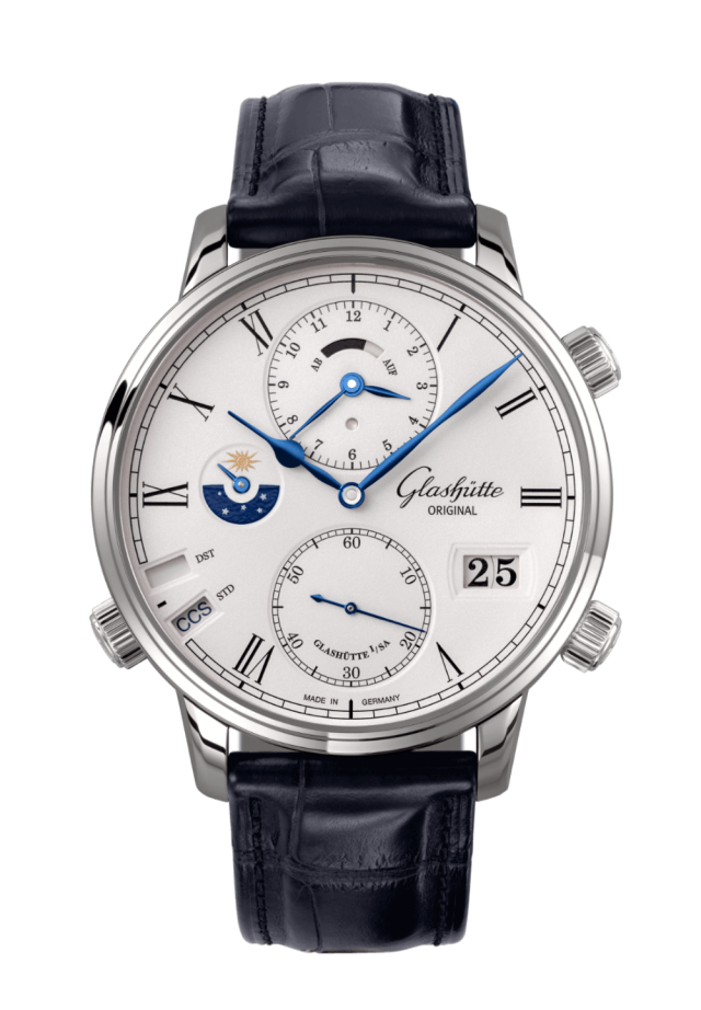 Glashuette Original Senator Cosmopolite 44 mm White Dial White Gold Louisiana Alligator Leather Strap, Blue 1-89-02-01-04-30