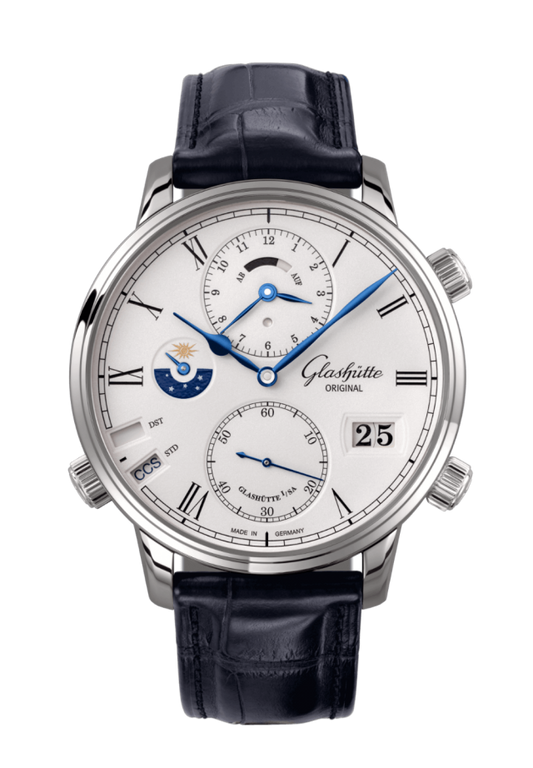 Glashuette Original Senator Cosmopolite 44 mm White Dial White Gold Louisiana Alligator Leather Strap, Blue 1-89-02-01-04-30