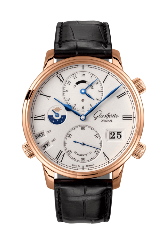 Glashuette Original Senator Cosmopolite 44 mm White Dial Red Gold Louisiana Alligator Leather Strap, Black 1-89-02-01-05-61