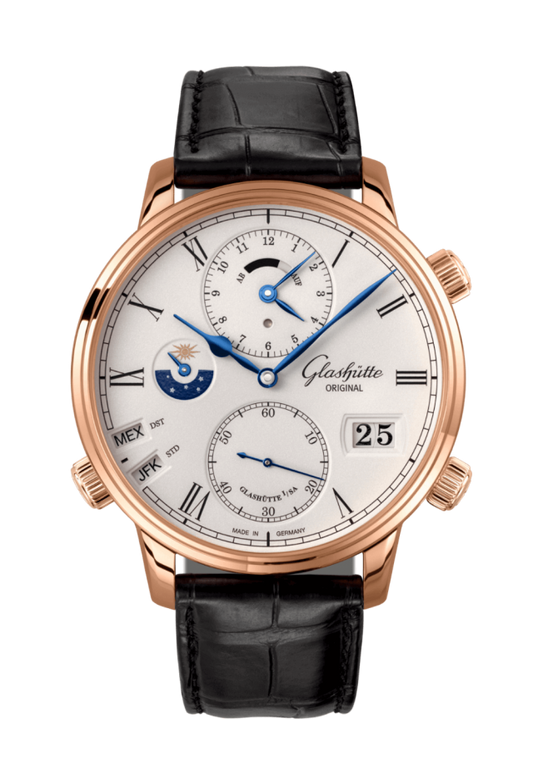 Glashuette Original Senator Cosmopolite 44 mm White Dial Red Gold Louisiana Alligator Leather Strap, Black 1-89-02-01-05-61