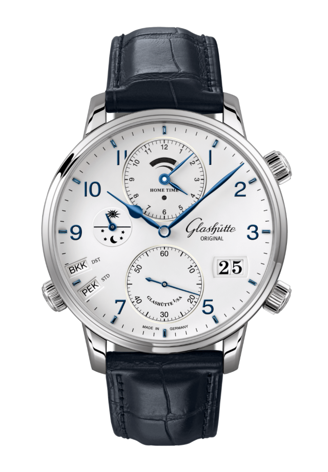 Glashuette Original Senator Cosmopolite 44 mm White Dial Stainless Steel Louisiana Alligator Leather Strap, Blue 1-89-02-03-02-61