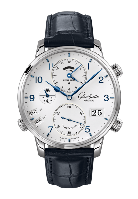 Glashuette Original Senator Cosmopolite 44 mm White Dial Stainless Steel Louisiana Alligator Leather Strap, Blue 1-89-02-03-02-61