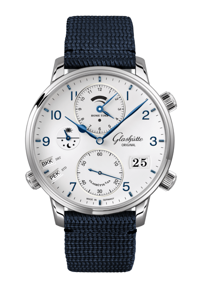 Glashuette Original Senator Cosmopolite 44 mm White Dial Stainless Steel Synthetic, Blue Strap 1-89-02-03-02-64