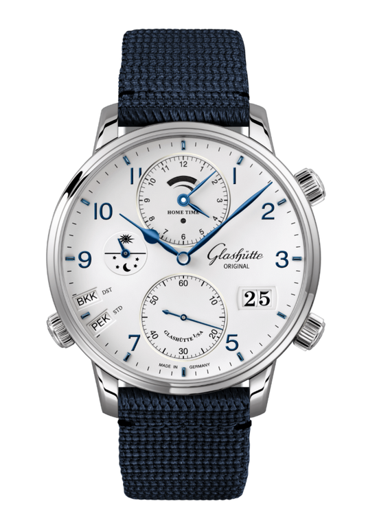 Glashuette Original Senator Cosmopolite 44 mm White Dial Stainless Steel Synthetic, Blue Strap 1-89-02-03-02-64