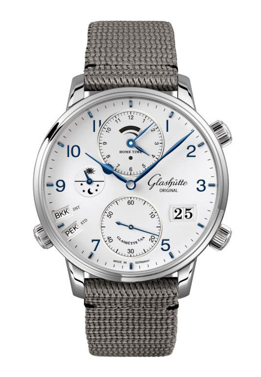 Glashuette Original Senator Cosmopolite 44 mm White Dial Stainless Steel Synthetic, Grey Strap 1-89-02-03-02-66