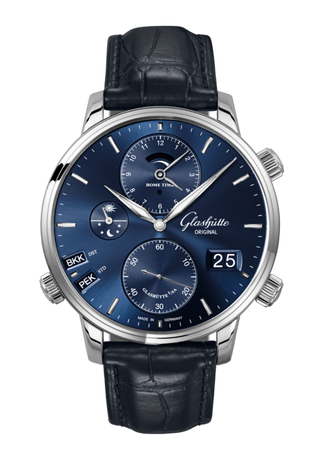 Glashuette Original Senator Cosmopolite 44 mm Blue Dial Stainless Steel Louisiana Alligator Leather Strap, Blue 1-89-02-05-02-61