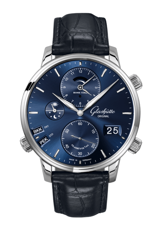 Glashuette Original Senator Cosmopolite 44 mm Blue Dial Stainless Steel Louisiana Alligator Leather Strap, Blue 1-89-02-05-02-61