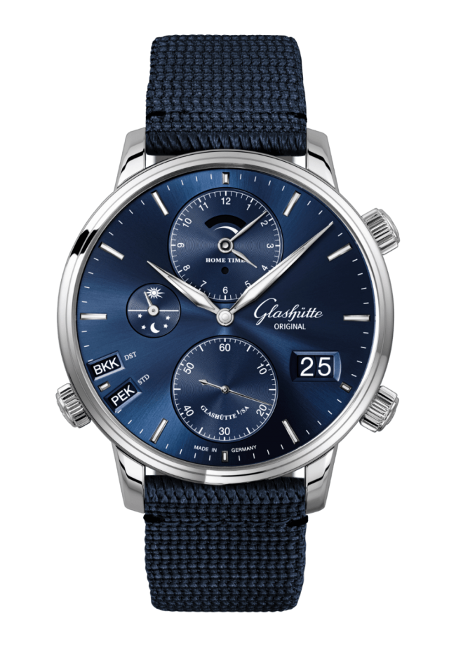 Glashuette Original Senator Cosmopolite 44 mm Blue Dial Stainless Steel Synthetic, Blue Strap 1-89-02-05-02-64