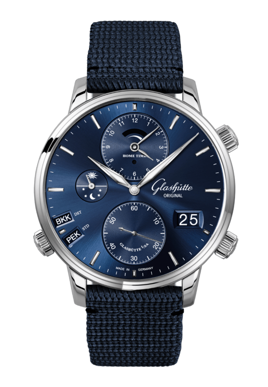 Glashuette Original Senator Cosmopolite 44 mm Blue Dial Stainless Steel Synthetic, Blue Strap 1-89-02-05-02-64